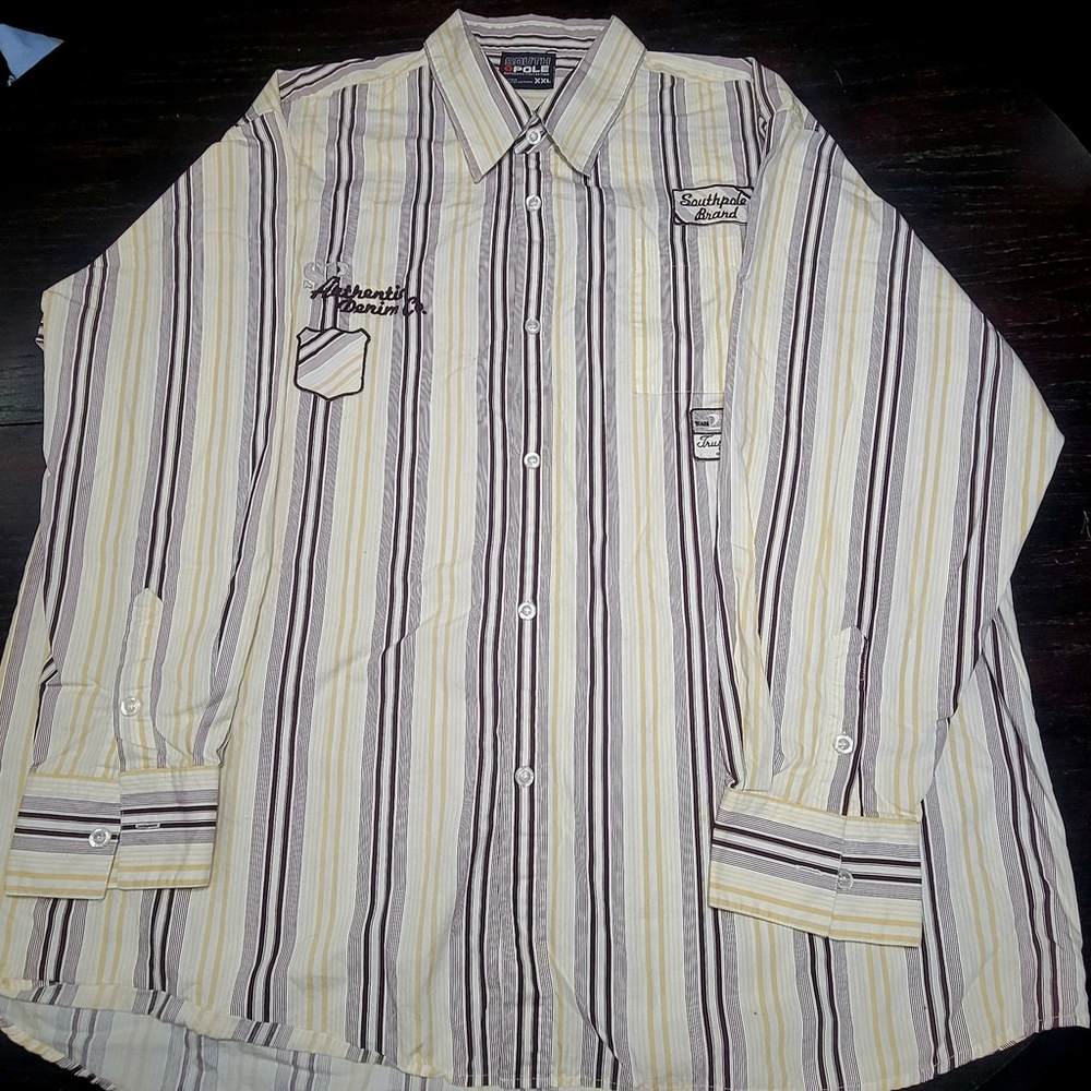 South Pole Authentic Collection Striped Button Up Patches Size XXL Purple Tan